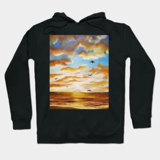 Freedom Sky, Golden Sunset, Seascape, Beach Decor, Golden Beach, Sunrise, Yellow Sunset Sky, Clouds and Birds, Hoodie